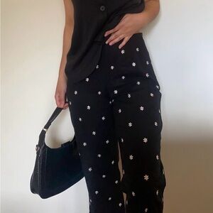 Vintage black linen capris with embroidered white flowers